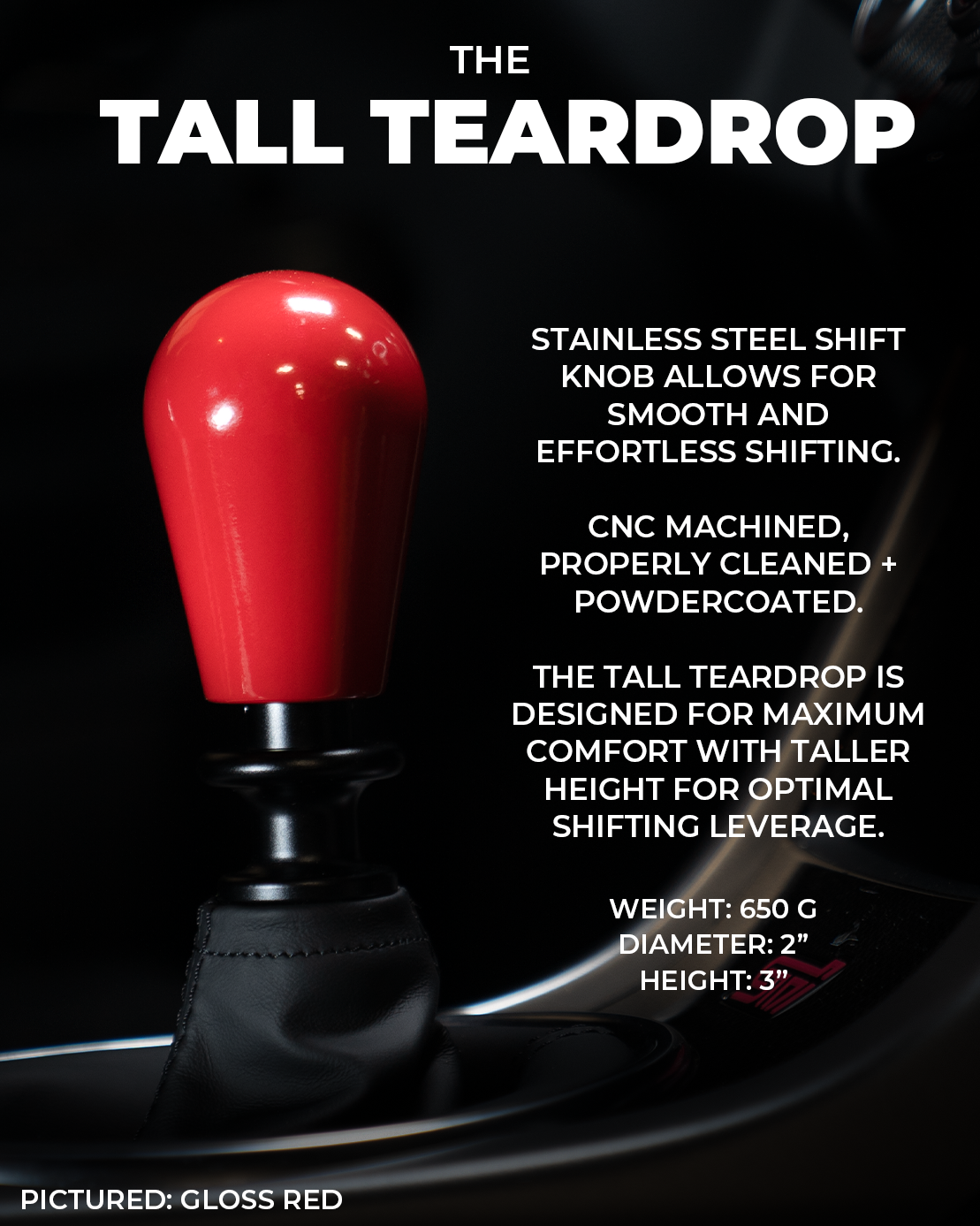 Billetworkz Tall Teardrop Weighted Shift Knob for Dodge Challenger 6-Speed (2015-2023)