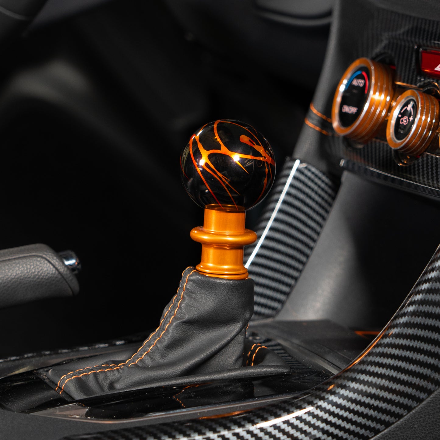 Billetworkz Automatic Shifter - Black w/ Fire Splash - Fits Subaru CVT: WRX (15–21), Crosstrek (13–23), Forester (14–18), Impreza (12–23), Legacy/Outback (10–14)