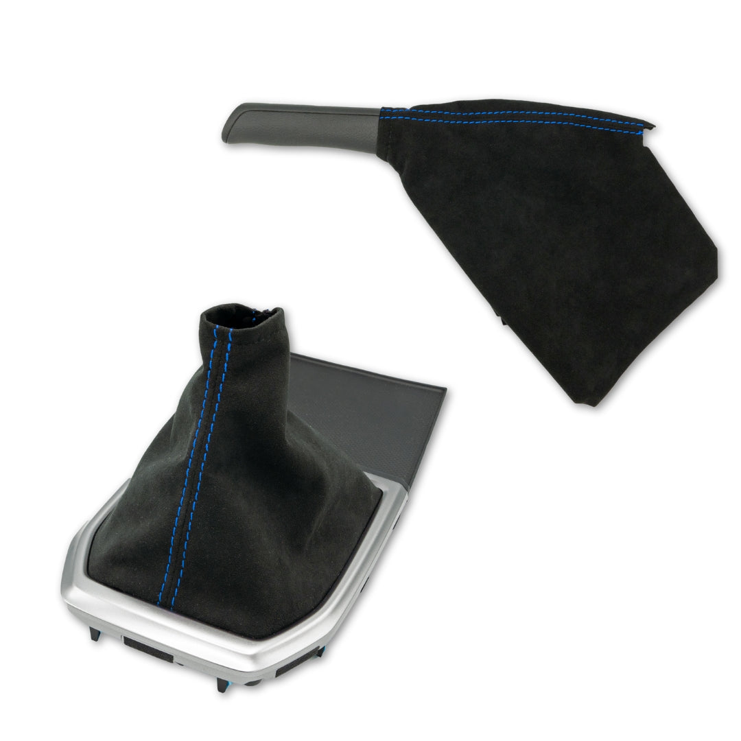 A black Alcantara shift boot and E-Brake boot combo with red stitching, designed for a manual transmission vehicle.