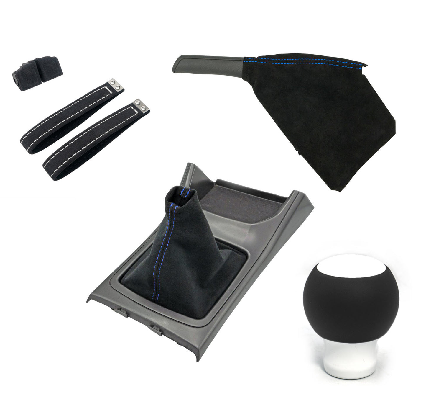 Billetworkz Alcantara Kit (Ultimate): Shift Knob, Shift Boot, E-Brake Boot Kit, and Door Pull Straps (2 Sets) - Subaru WRX 2008-2014