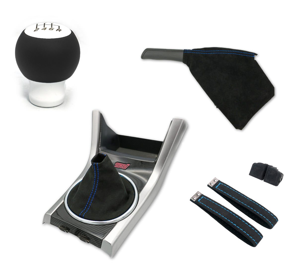 Billetworkz Alcantara Kit (Ultimate): Shift Knob, Shift Boot, E-Brake Boot Kit, and Door Pull Straps (2 Sets) - Subaru STI 2015-2021