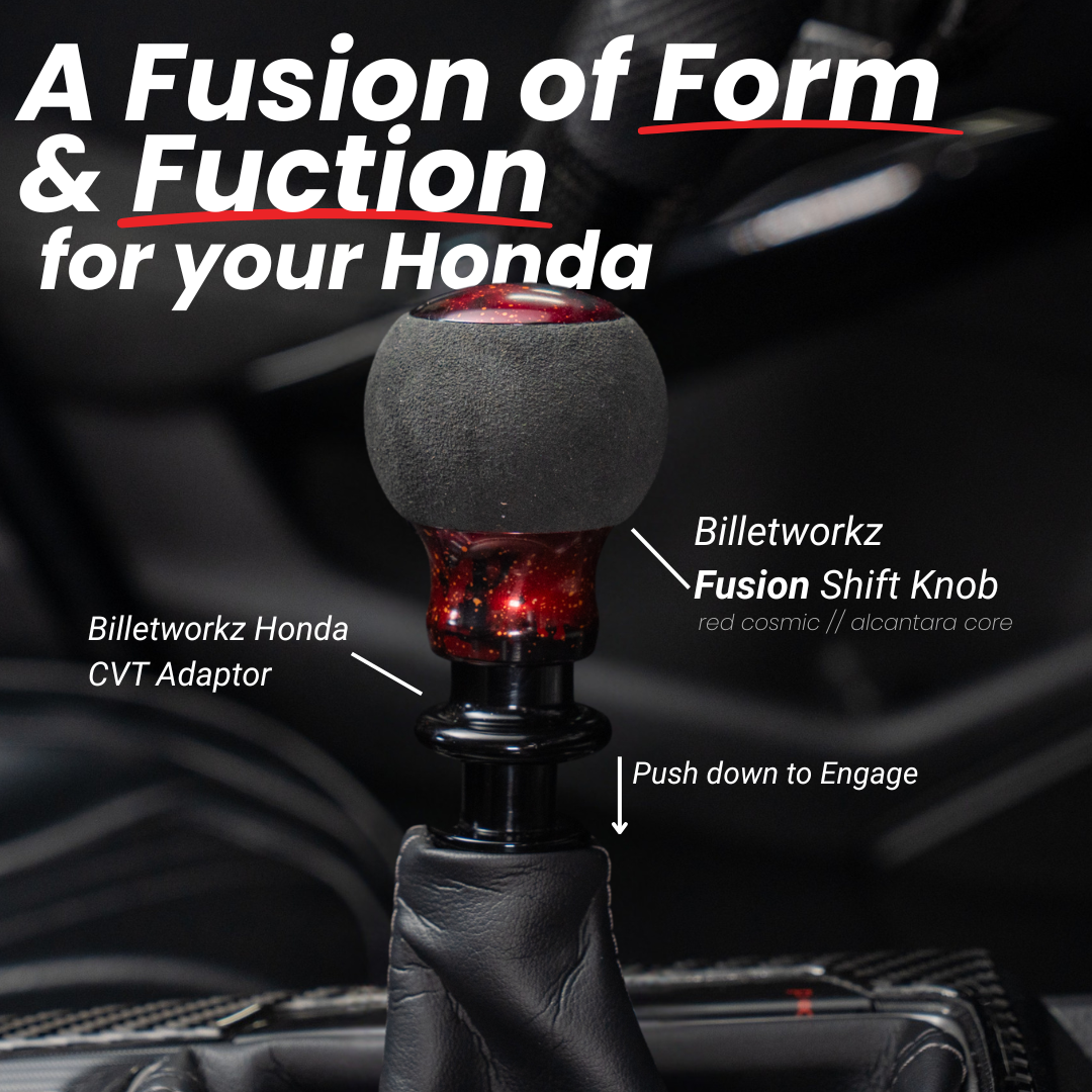 Billetworkz Honda CVT adaptor and Fusion Shift Knob with text on a blurred car interior background