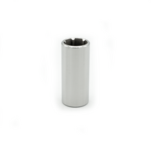 Metallic cylindrical object with hexagonal head on a white background