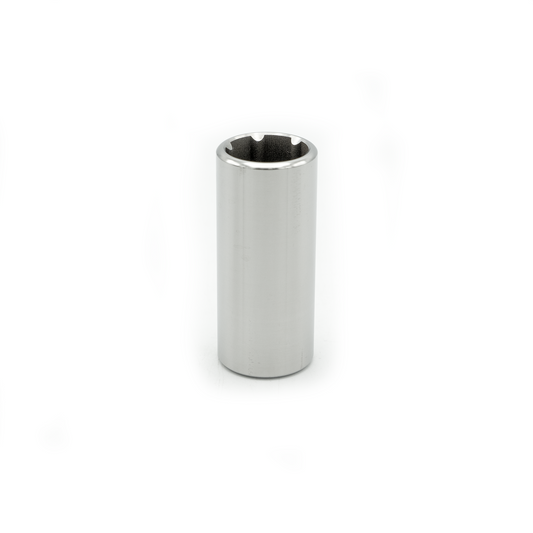 Metallic cylindrical object with hexagonal head on a white background