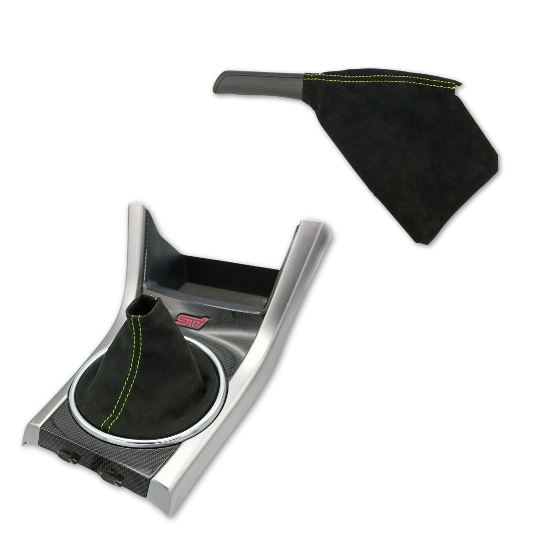 Billetworkz Alcantara Kit (Ultimate): Shift Knob, Shift Boot, E-Brake Boot Kit, and Door Pull Straps (2 Sets) - Subaru STI 2008-2014