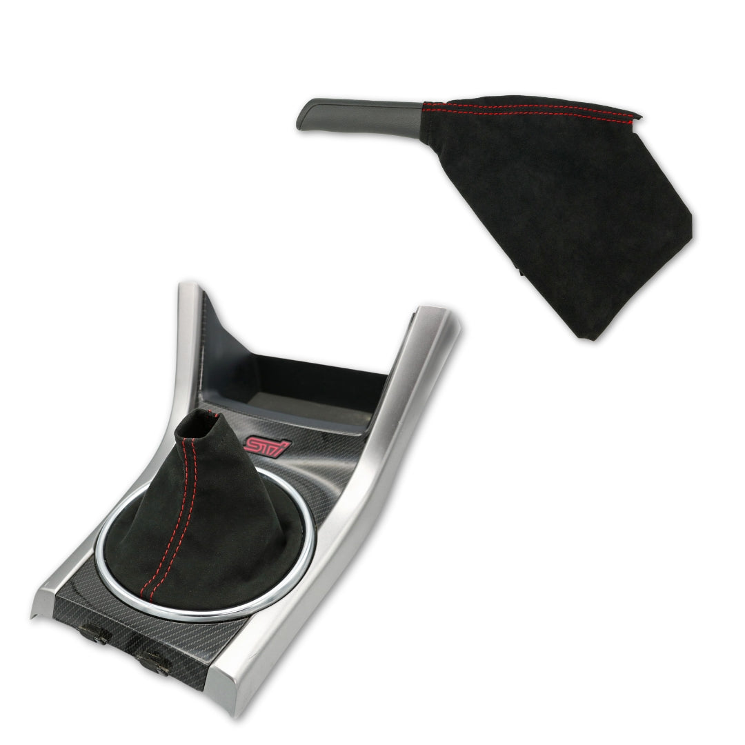 Billetworkz Alcantara Kit (Ultimate): Shift Knob, Shift Boot, E-Brake Boot Kit, and Door Pull Straps (2 Sets) - Subaru STI 2008-2014
