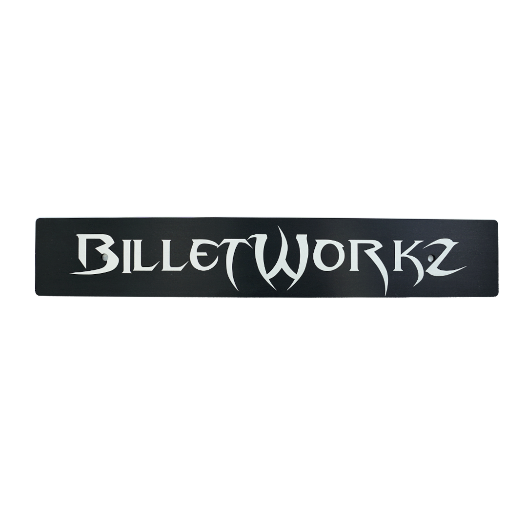A black anodized aluminum front license plate delete with 'BILLETWORKZ' branding in white text.