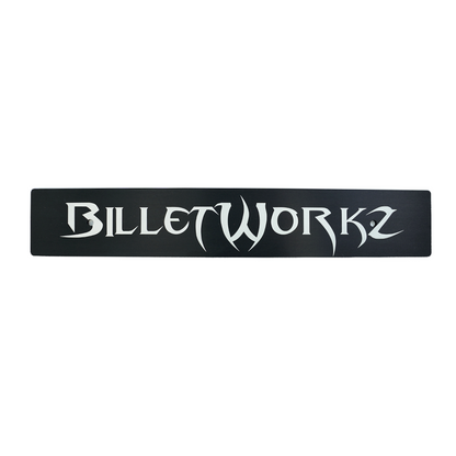 A black anodized aluminum front license plate delete with 'BILLETWORKZ' branding in white text.