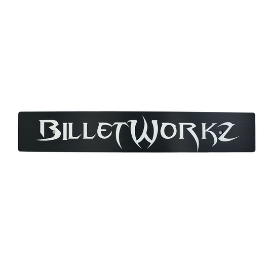 A black anodized aluminum front license plate delete with 'BILLETWORKZ' branding in white text.