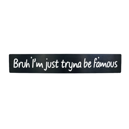 A black anodized aluminum license plate delete with white text that reads 'Bruh I'm just tryna be famous'.
