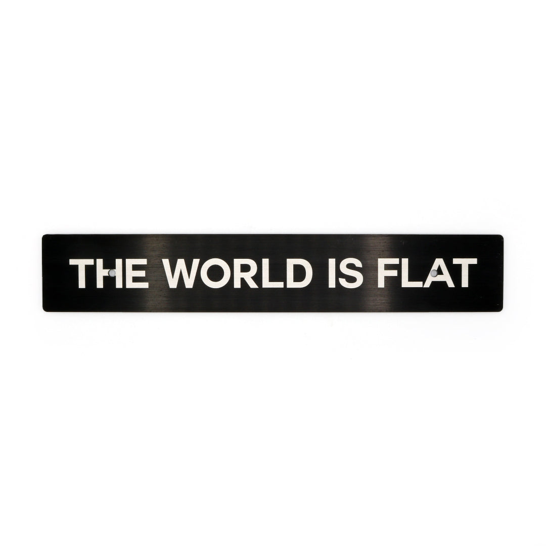 A black license plate delete with the phrase 'THE WORLD IS FLAT' in white text.