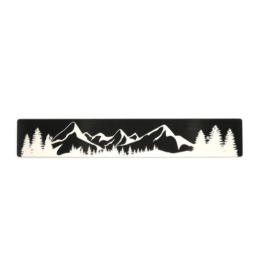 A black anodized aluminum license plate delete with a mountain range silhouette in white.
